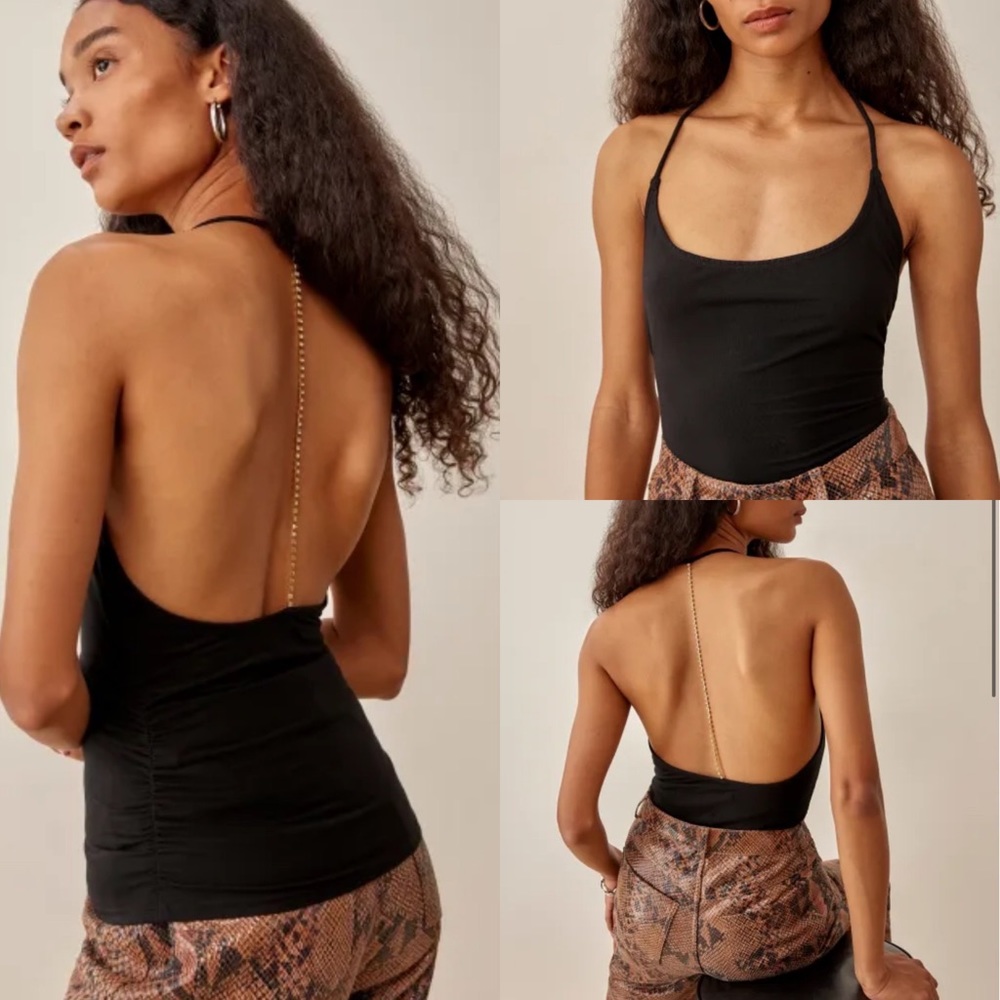 Reformation Davin Scoop Neck Low Back Rhinestone t-strap Black Top Medium NWOT
